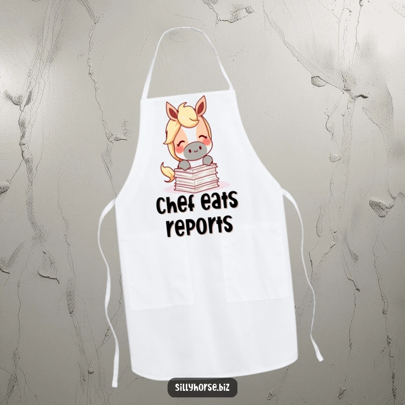 Funny Apron featuring a content horse munching on a miniature stack of papers, bringing a literary touch to cooking.