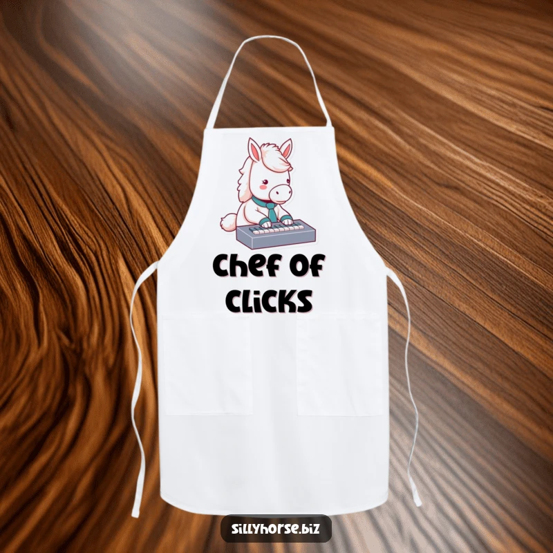 Funny fluffy white horse wearing a tie, typing intently on a miniature keyboard, humorous cooking apron, perfect funny gift for chefs.