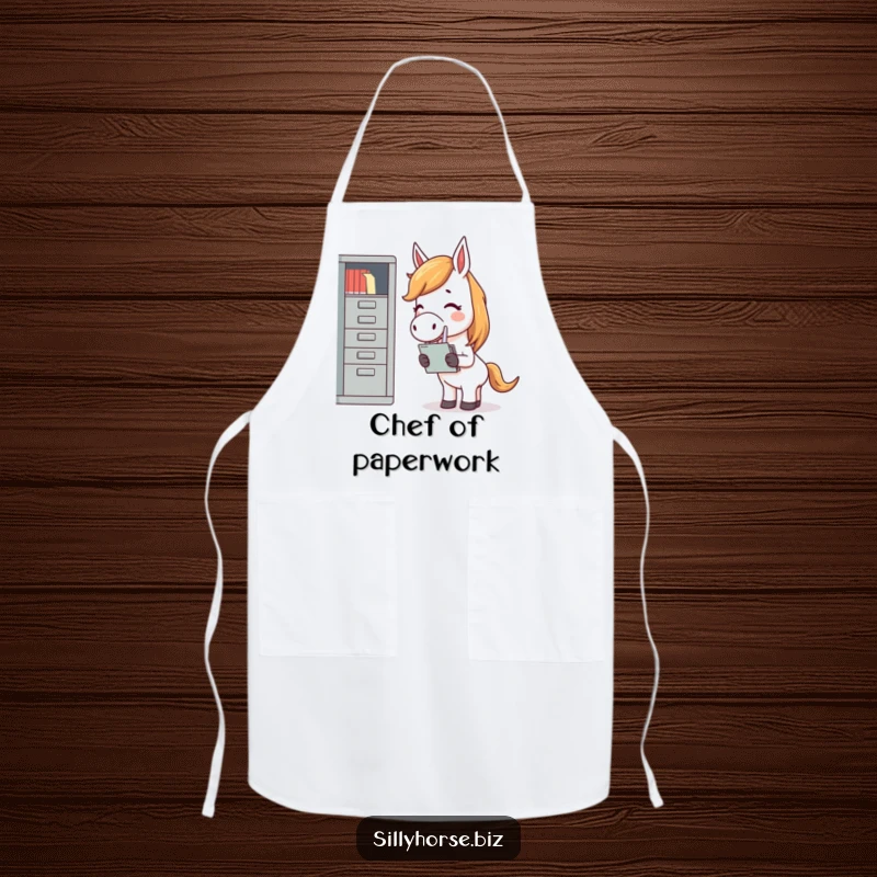 Funny apron with a giggling horse, struggling hilariously to file documents into a miniature cabinet, kitchen and office humor.