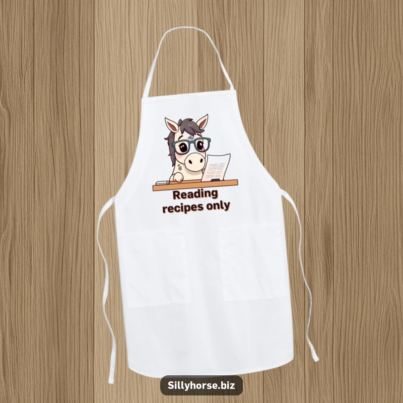Funny curious spotted horse wearing glasses, peering at a document, humorous apron for studious cooks, perfect funny gift.