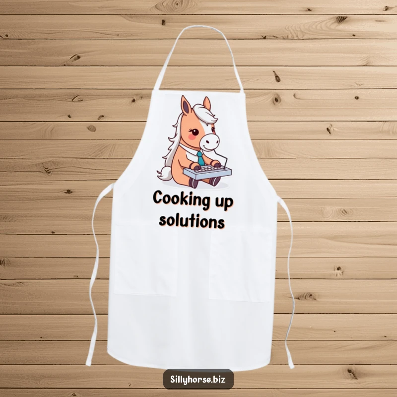 Funny apron featuring a horse character in a tie, enthusiastically typing on a tiny keyboard while 'working' in the kitchen.