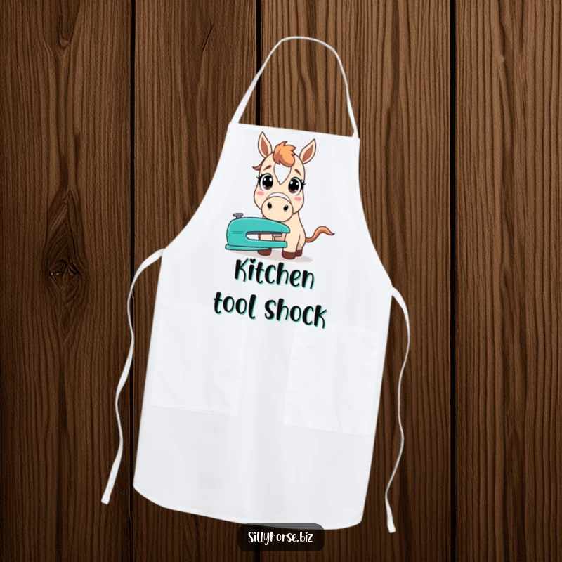 Funny apron with a horsewide-eyed with shock and surprise, looking at a common office stapler, kitchen humor.