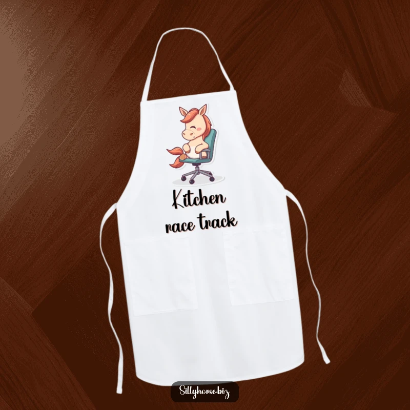 Funny Apron illustrating an energetic horse playfully nudging a rolling office chair, adding humor to the kitchen.