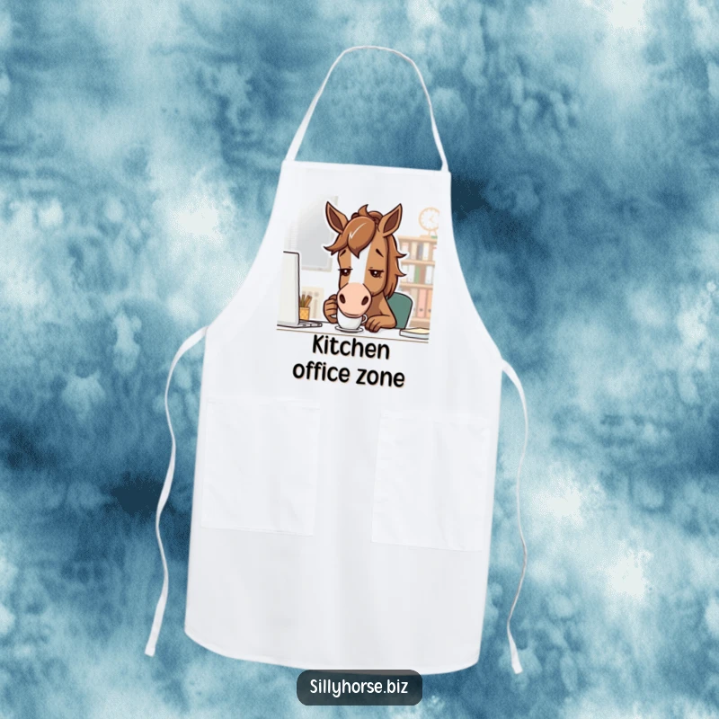 Funny brown horse with determined look, sipping coffee from a small mug, humorous cooking apron for determined chefs, perfect funny gift.