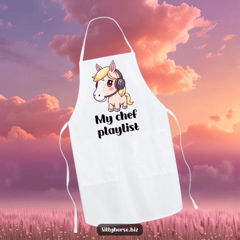 Funny Apron featuring a whimsical horse wearing a headset and listening intently, bringing music to the kitchen.