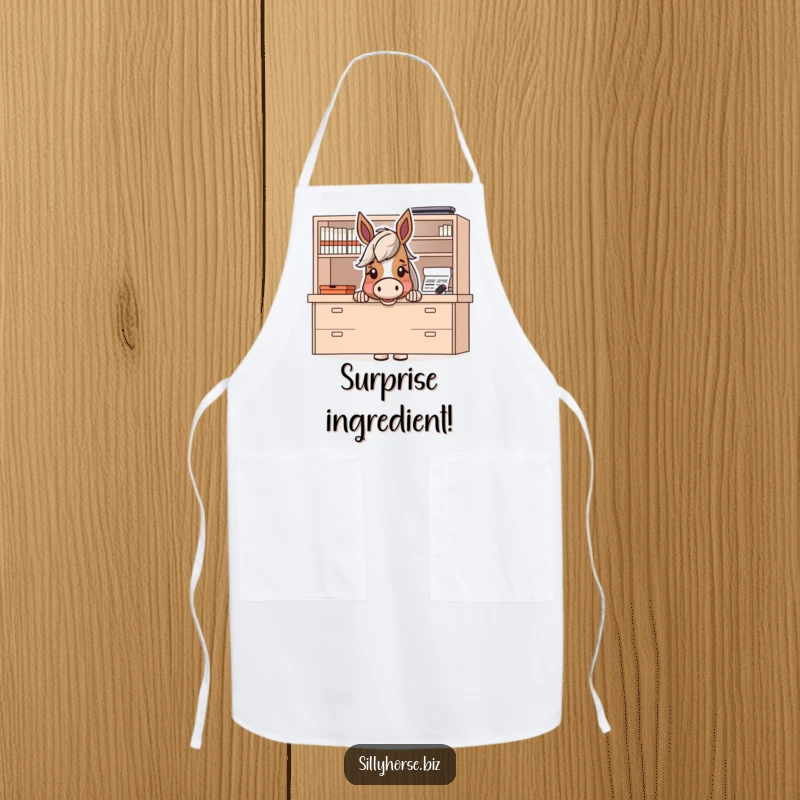 Funny apron featuring a horse character peeking from behind a large desk, ready to surprise with culinary creations.