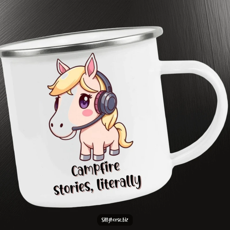 Funny Camping Mug depicting a whimsical horse wearing a headset and listening intently, ideal for outdoor music enjoyment.
