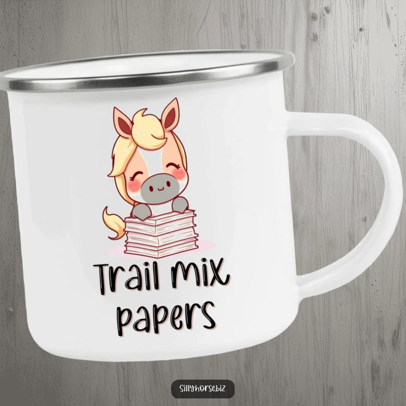 Funny Camping Mug depicting a content horse munching on a miniature stack of papers, ideal for reading outdoors.