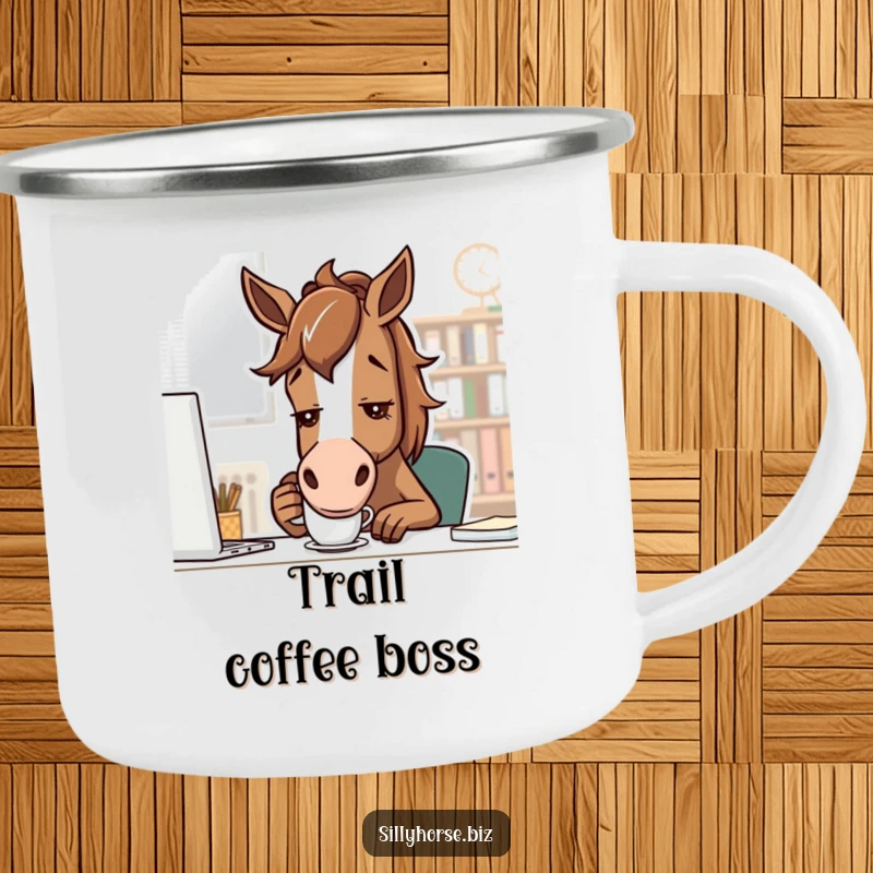 Funny brown horse with determined look, sipping coffee from a small mug, outdoorsy and humorous camping mug, perfect funny gift.