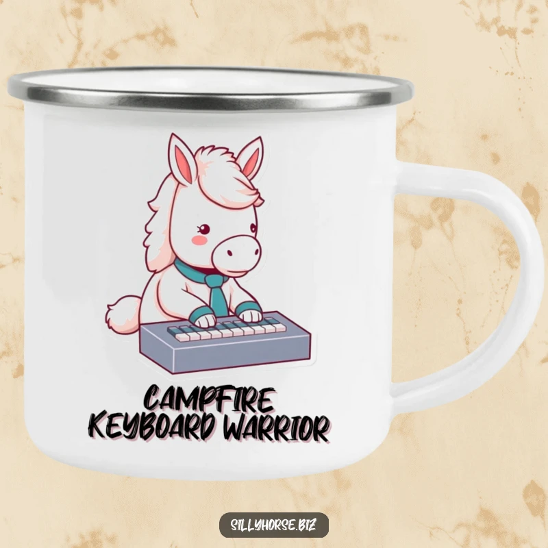 Funny fluffy white horse in a tie, typing on a miniature keyboard, durable and humorous camping mug for outdoor enthusiasts, funny gift.