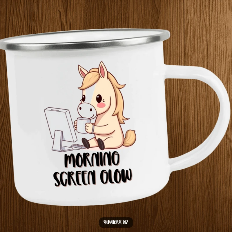 Funny camping mug featuring a horse character holding a coffee mug, smiling at a computer screen, perfect for outdoor relaxation.