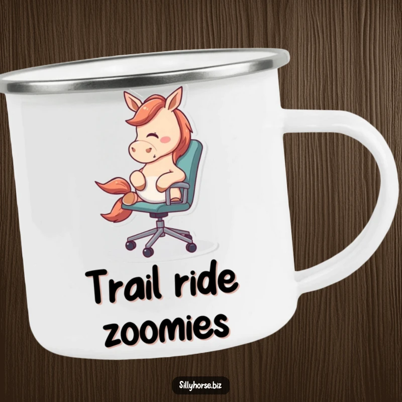 Funny Camping Mug depicting an energetic horse playfully nudging a rolling office chair, ideal for outdoor humor.