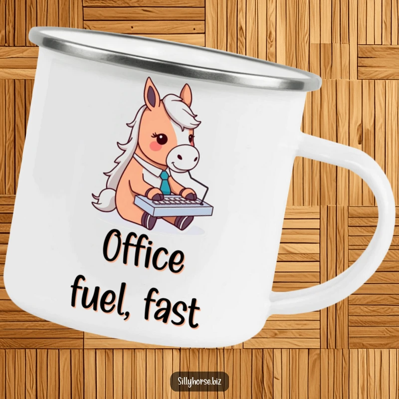 Funny camping mug featuring a horse character in a tie, enthusiastically typing on a tiny keyboard, perfect for rustic humor.