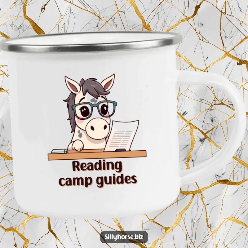 Funny curious spotted horse wearing glasses, peering at a document, outdoorsy yet intellectual camping mug, perfect funny gift.