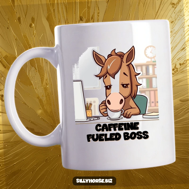 Funny brown horse with a determined look sipping coffee from a small mug in an office setting, perfect funny morning gift mug.