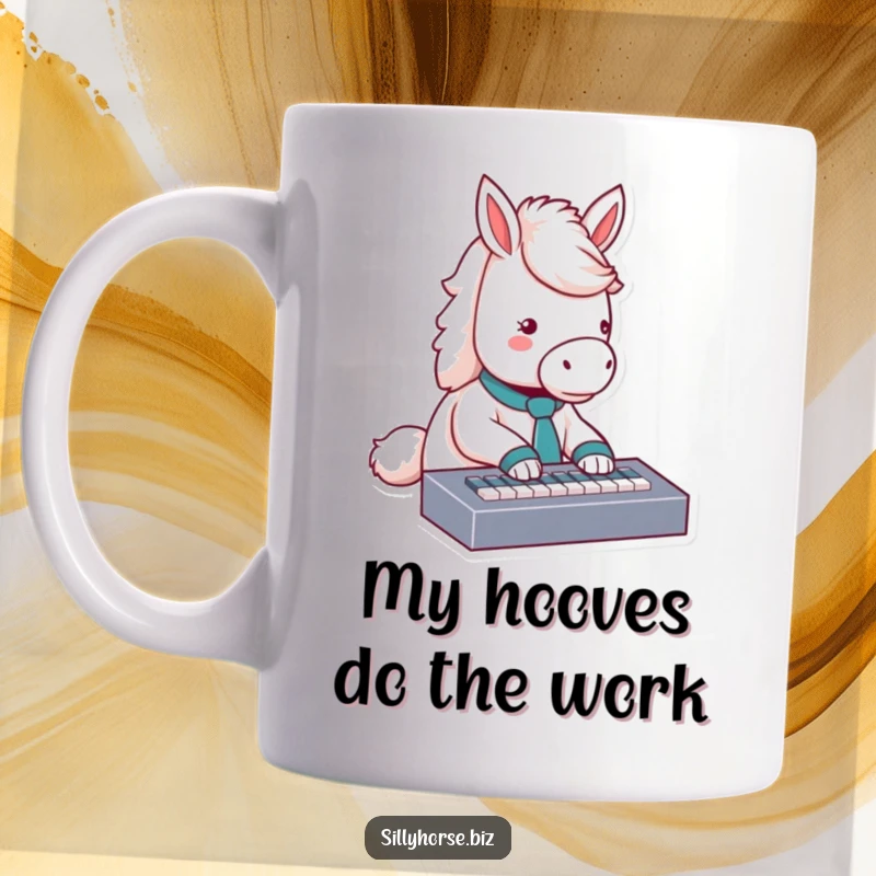 Funny fluffy white horse wearing a tiny tie, typing enthusiastically on a miniature keyboard, perfect funny office gift mug.