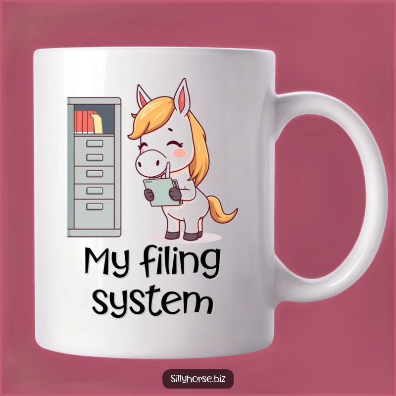 Funny Giggling Horse Filing Documents Mug - Hilarious Office Humor Gift