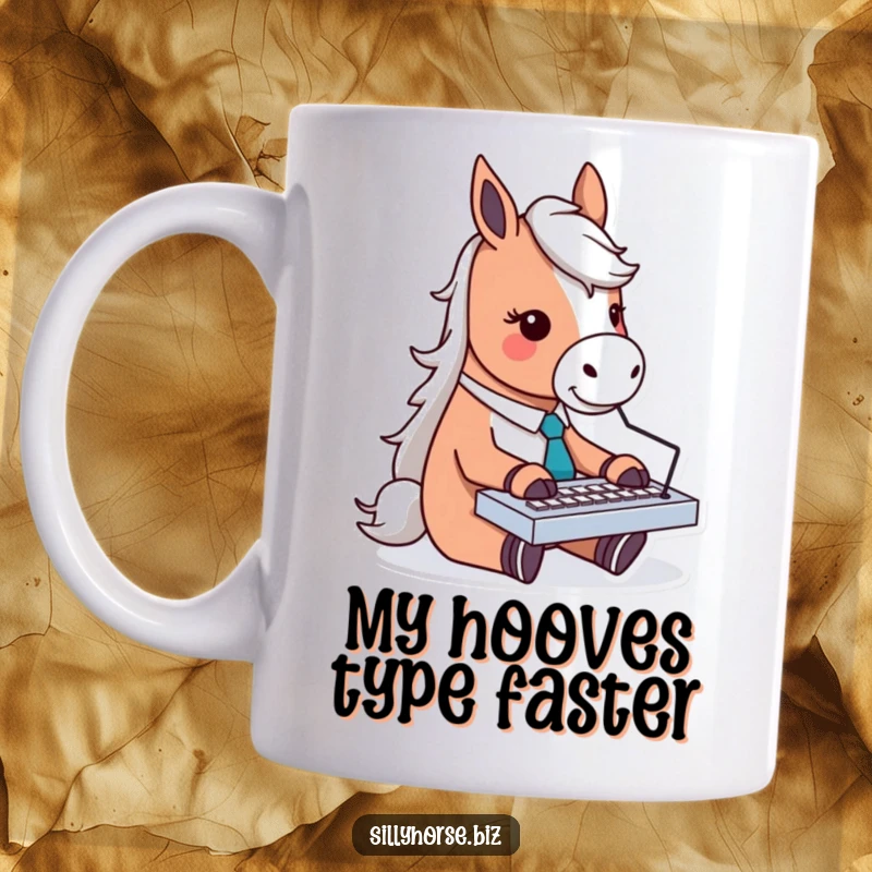 Funny mug of a horse character wearing a tie, enthusiastically typing on a tiny keyboard with a determined expression.