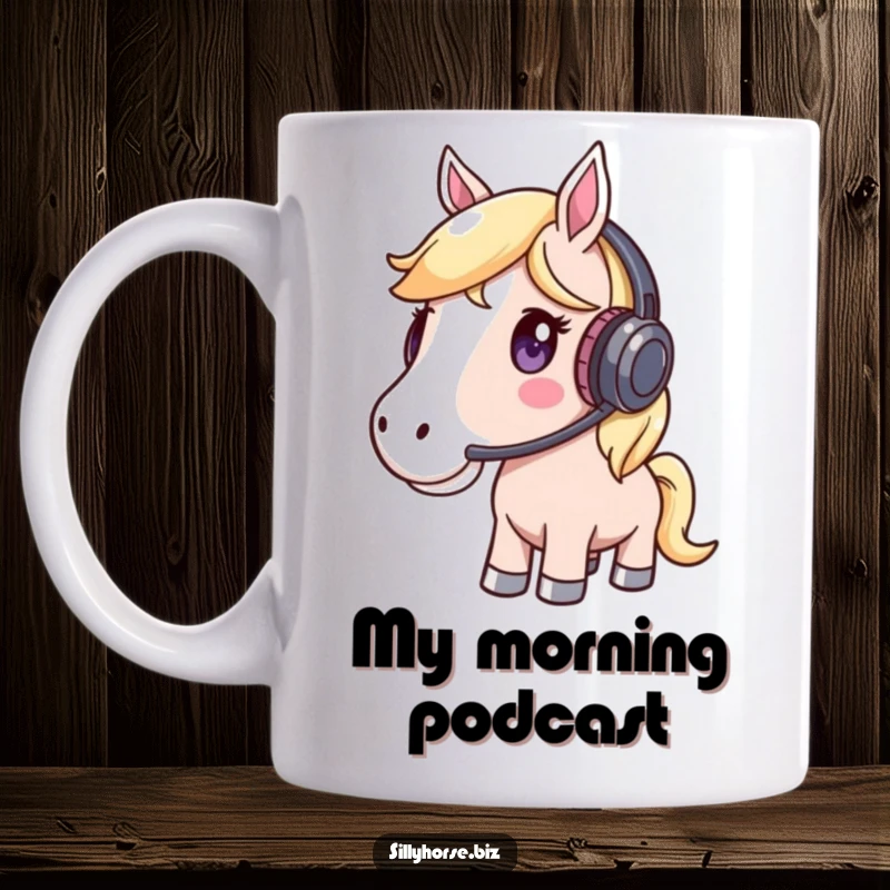 Funny Mug showing a whimsical horse wearing a headset and listening intently, symbolizing focus and music appreciation.