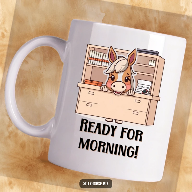 Funny mug of a horse character peeking out from behind a large desk with wide eyes and an excited expression, ready to jump out.