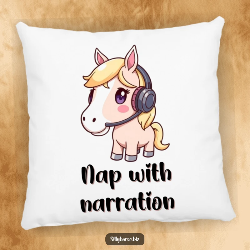 Funny Pillow depicting a whimsical horse wearing a headset and listening intently, perfect for a cozy, focused atmosphere.