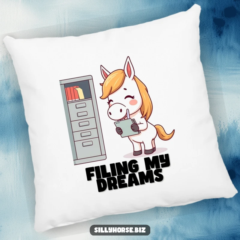 Funny pillow featuring a giggling horse, looking amused while trying to cram papers into a tiny filing cabinet, cozy humor.
