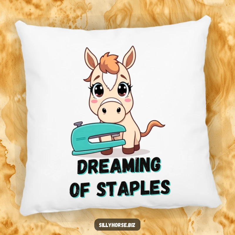 Funny pillow featuring a horse with comically wide, surprised eyes, staring intently at an office stapler, soft humor.