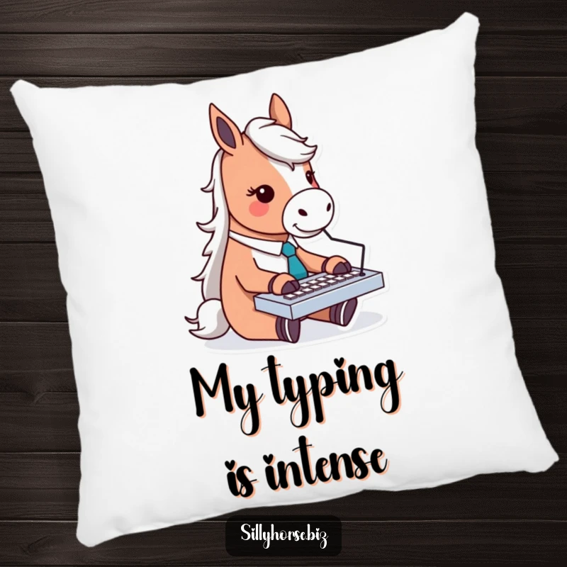 Funny pillow showcasing a horse character in a business tie, enthusiastically typing on a small keyboard, adding humor to any room.