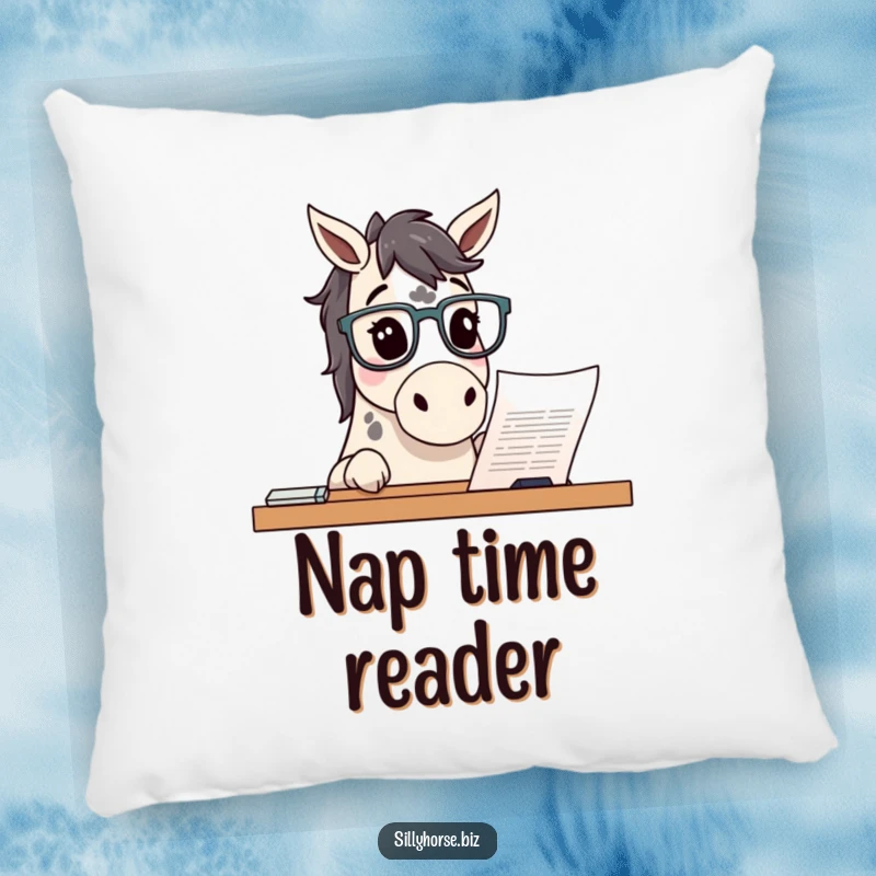 Funny curious spotted horse wearing glasses, peering at a document, soft and humorous decorative pillow, perfect funny gift.