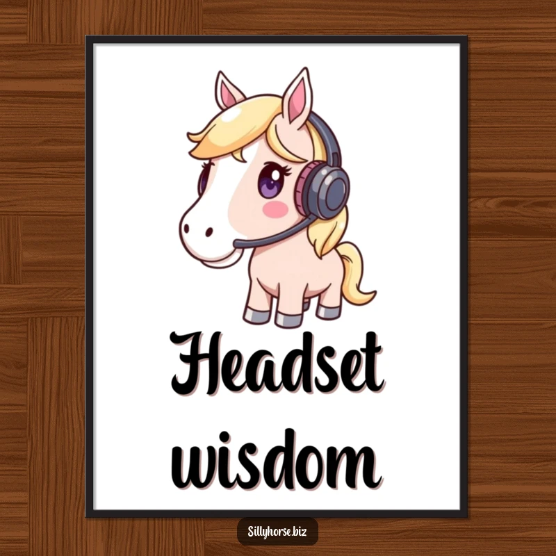 Funny Digital Art Print of a whimsical horse wearing a headset and listening intently, symbolizing focus and music.