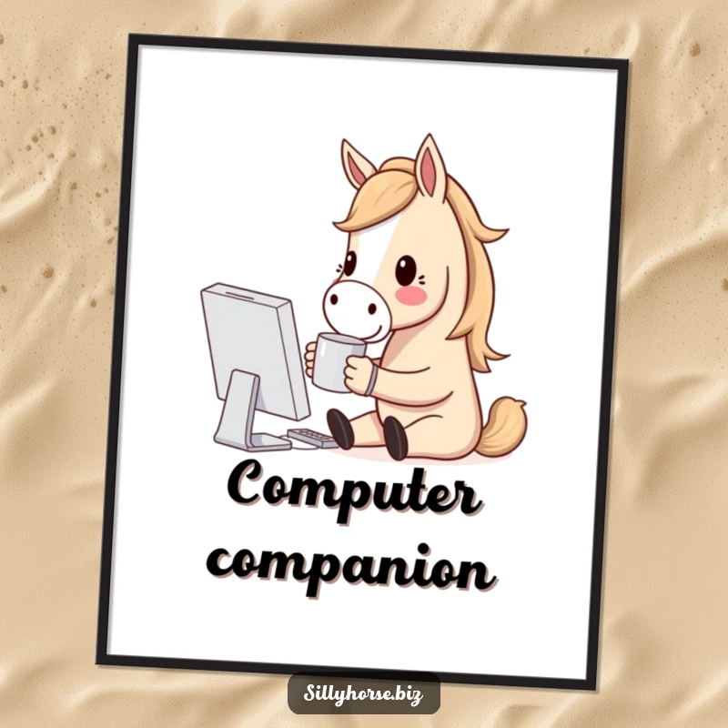 Funny digital art print of a horse character holding a coffee mug, smiling at a computer screen, embodying cheerful tech life.