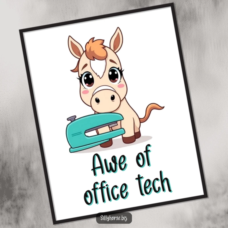 Funny digital art print of a horse wide-eyed with shock, staring intensely at a common office stapler, capturing pure surprise.