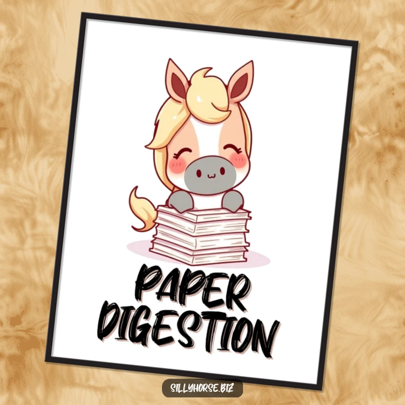 Funny Digital Art Print of a content horse munching on a miniature stack of papers, symbolizing a love for reading.