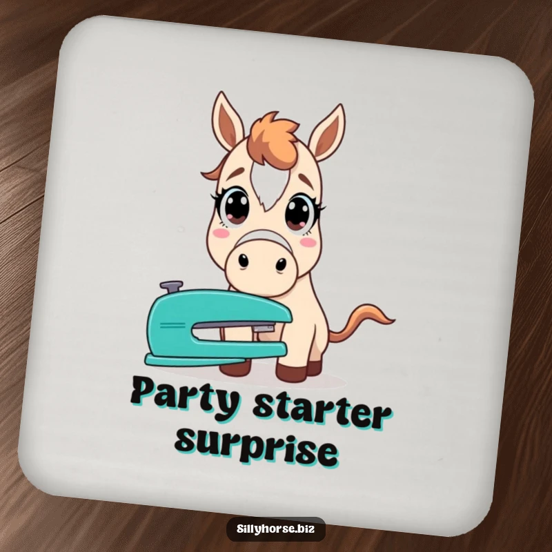 Funny coaster depicting a horse with comically wide, startled eyes, staring in utter disbelief at an office stapler.