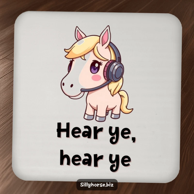Funny Drink Coasters featuring a whimsical horse wearing a headset and listening intently, perfect for music lovers.