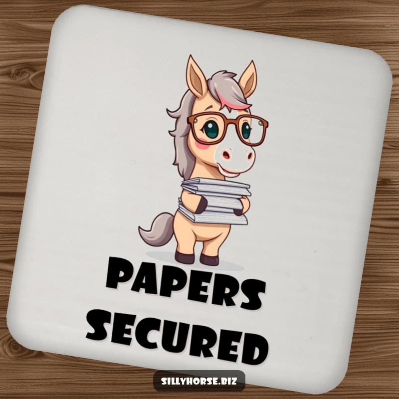 Funny drink coaster with a horse character in glasses, playfully balancing a stack of papers, adding a touch of academic humor.