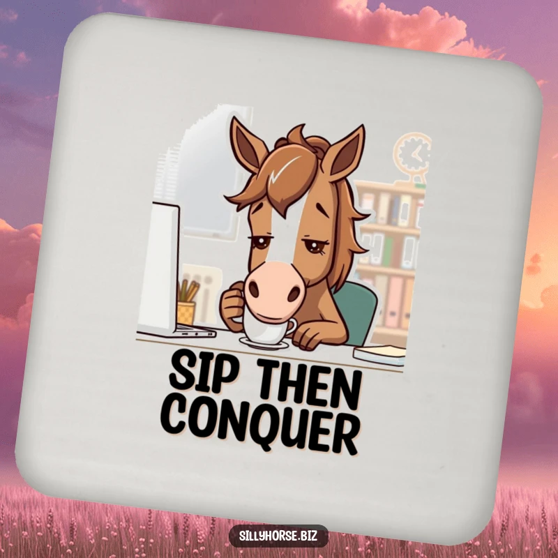 Funny brown horse with determined look, sipping coffee from a small mug, humorous office desk coaster, practical and funny gift.