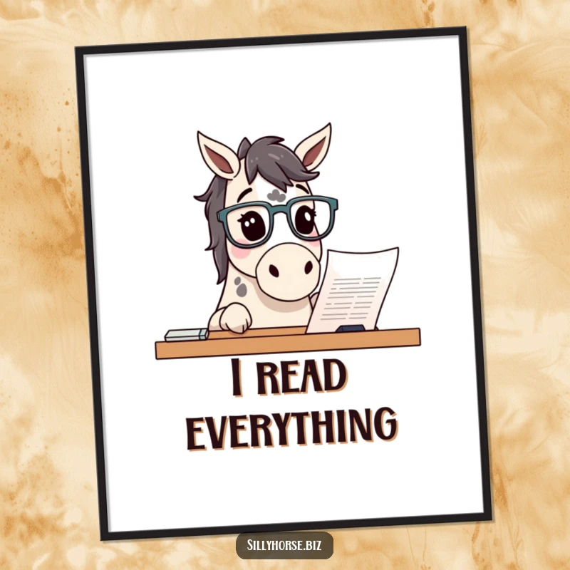 Funny curious spotted horse wearing glasses, peering at a document on a desk, intelligent and humorous wall art, funny gift.