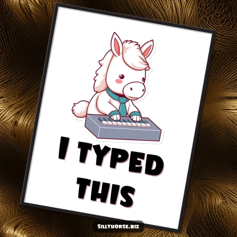 Funny fluffy white horse wearing a tie, typing with intense focus on a miniature keyboard, humorous office wall art, funny gift.