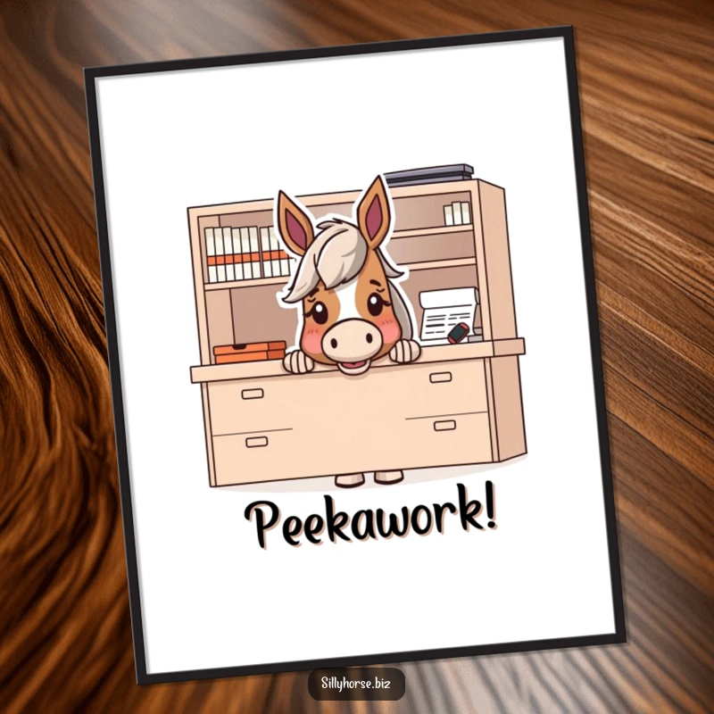 Funny poster of a horse character peeking with excitement from behind a large desk, inviting curiosity and amusement.