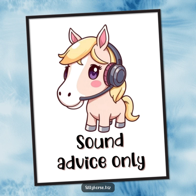 Funny Poster print of a whimsical horse wearing a headset and listening intently, symbolizing focus and music.