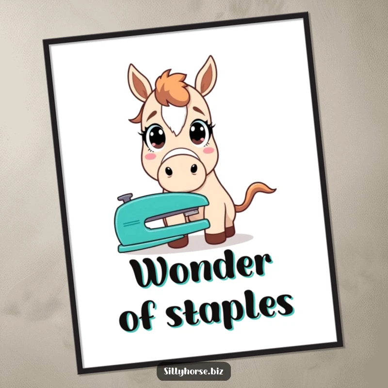 Funny poster featuring a horse with extremely wide, startled eyes, fixated on a common office stapler, capturing pure shock.