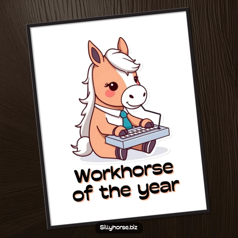 Funny poster of a horse character in a tie, enthusiastically typing on a miniature keyboard, bringing a humorous office vibe.