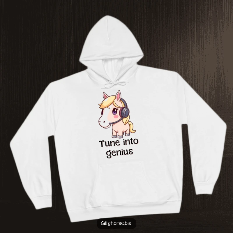 Funny Hoodie showcasing a whimsical horse wearing a headset and listening intently, perfect for cozy, focused moments.