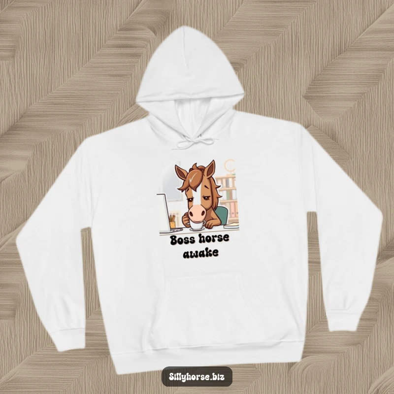 Funny brown horse with a determined look, sipping coffee from a small mug, cozy and humorous office hoodie, perfect funny gift.