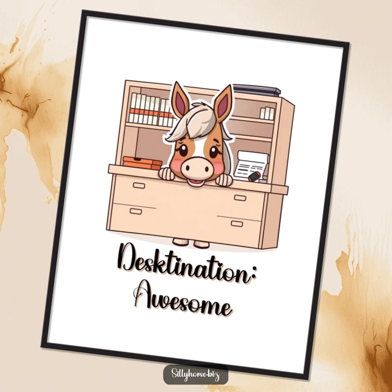 Funny Free Printable Wall Art: A horse peeks out from behind a large desk with an expression of pure excitement.