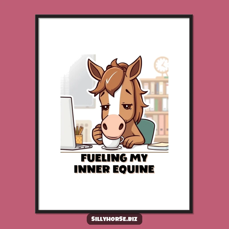 Free Printable Funny Horse Wall Art: Determined Office Horse with Coffee!