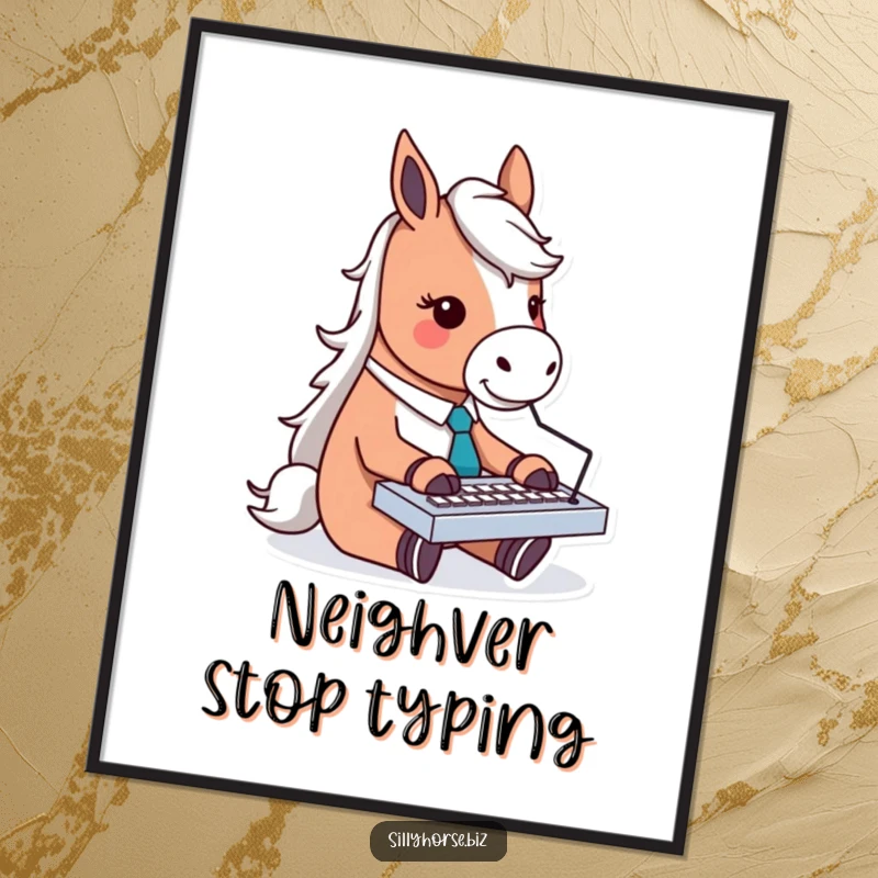 Funny Free Printable Wall Art: A horse in a tie enthusiastically types away on a miniature computer keyboard.