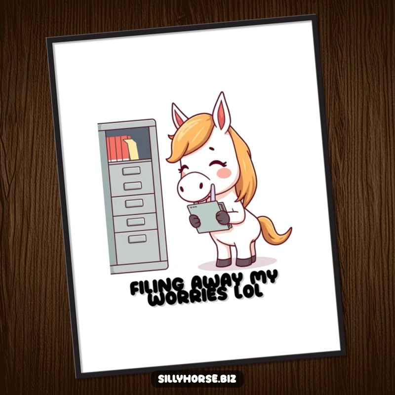 Funny free printable wall art showcasing a giggling horse attempting to file documents into an absurdly small cabinet, pure office humor.