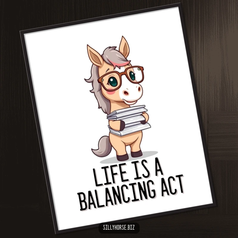 Funny Free Printable Wall Art: A horse in glasses precariously balances an enormous stack of papers.